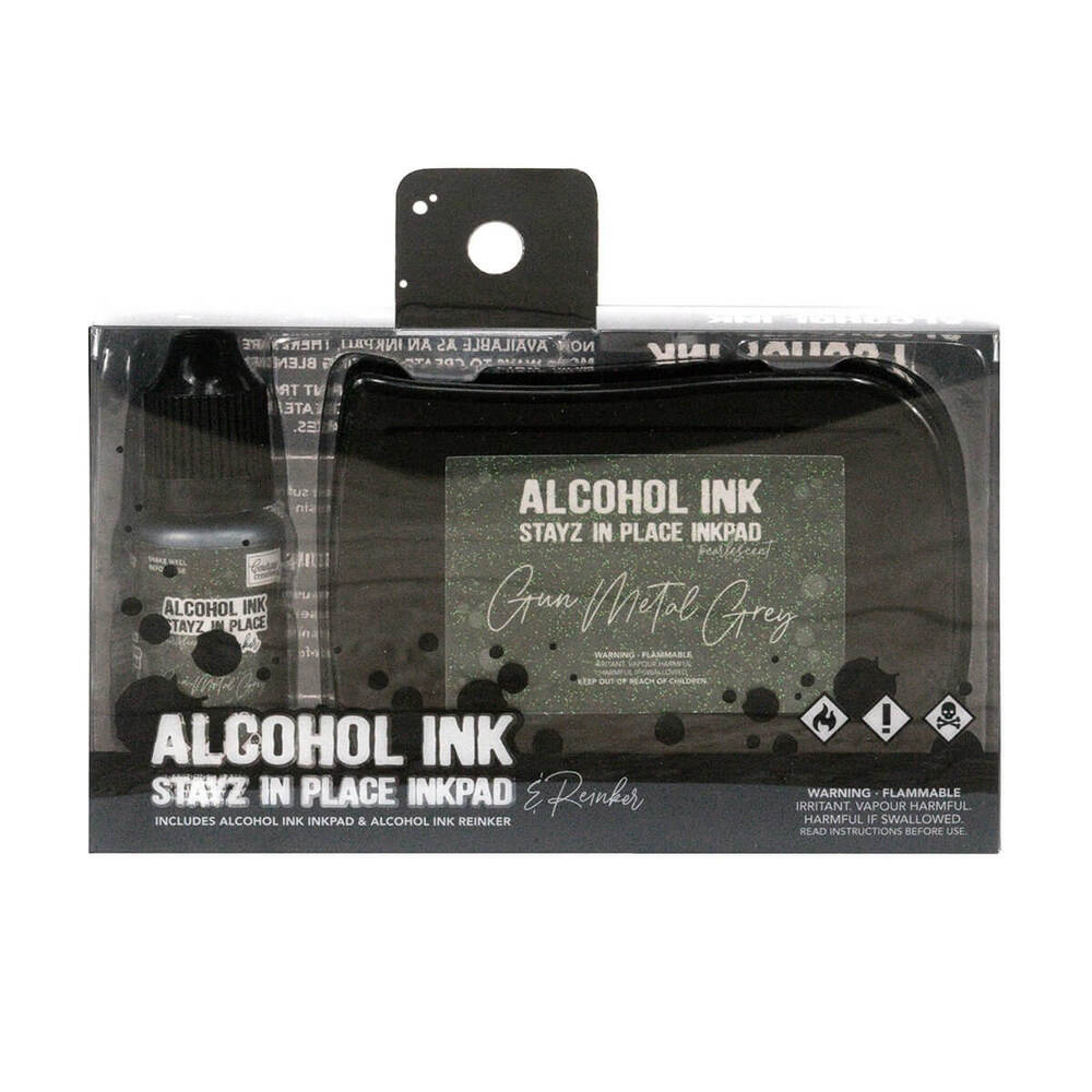 Couture Creations STAYZ IN PLACE Alcohol Ink Pad with 12ml Reinker - Gun Metal Grey Pearlescent