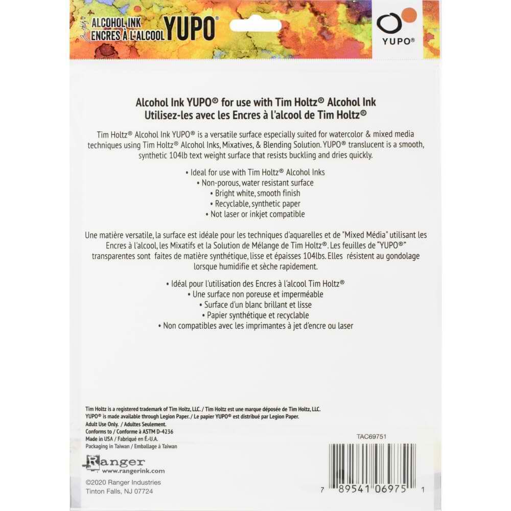 Tim Holtz Alcohol Ink Translucent Yupo Paper 104lb 5/Pkg (8"x10") TAC69751