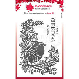 Woodware Clear Stamp Singles Lino Cut - Robin and Holly (4in x 6in)